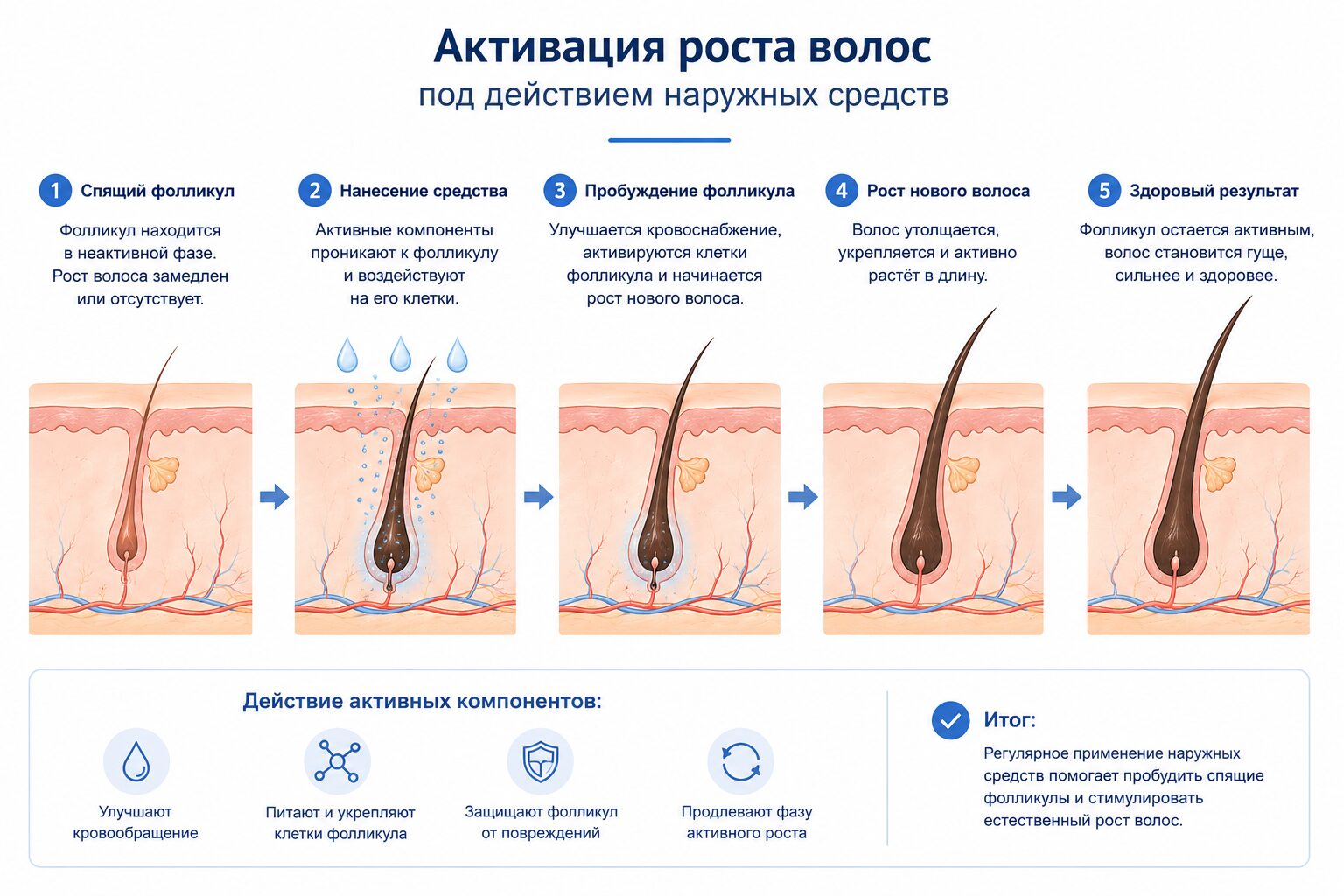 Активация роста волос под действием наружных средств